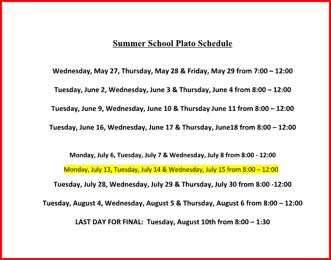 Schedule of when students can take plato finals